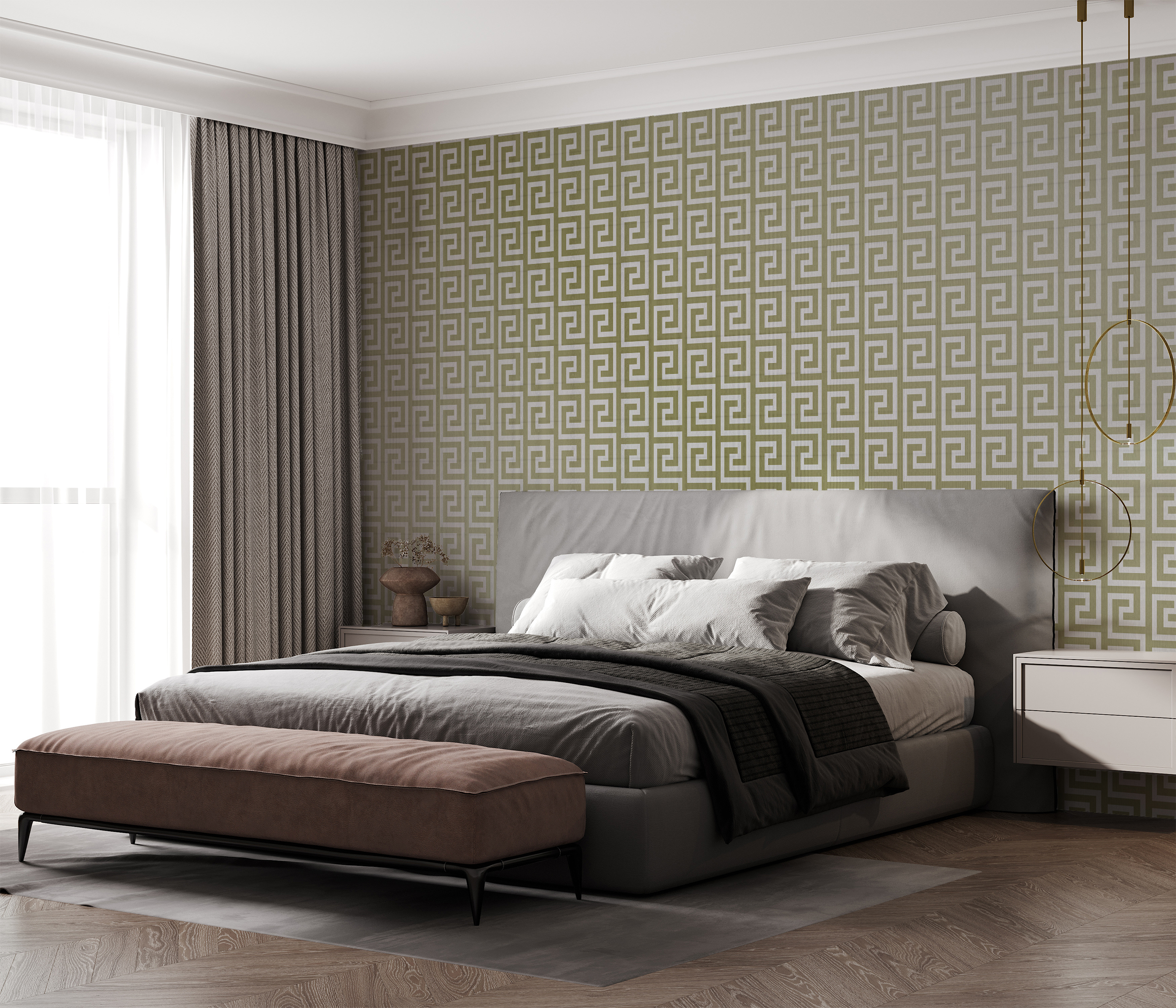 Classic beige bedroom interior with grey buttoned bed and luxury