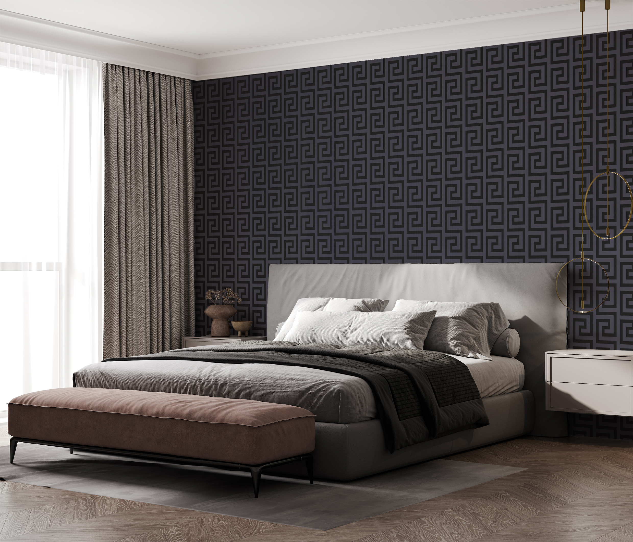 Classic beige bedroom interior with grey buttoned bed and luxury